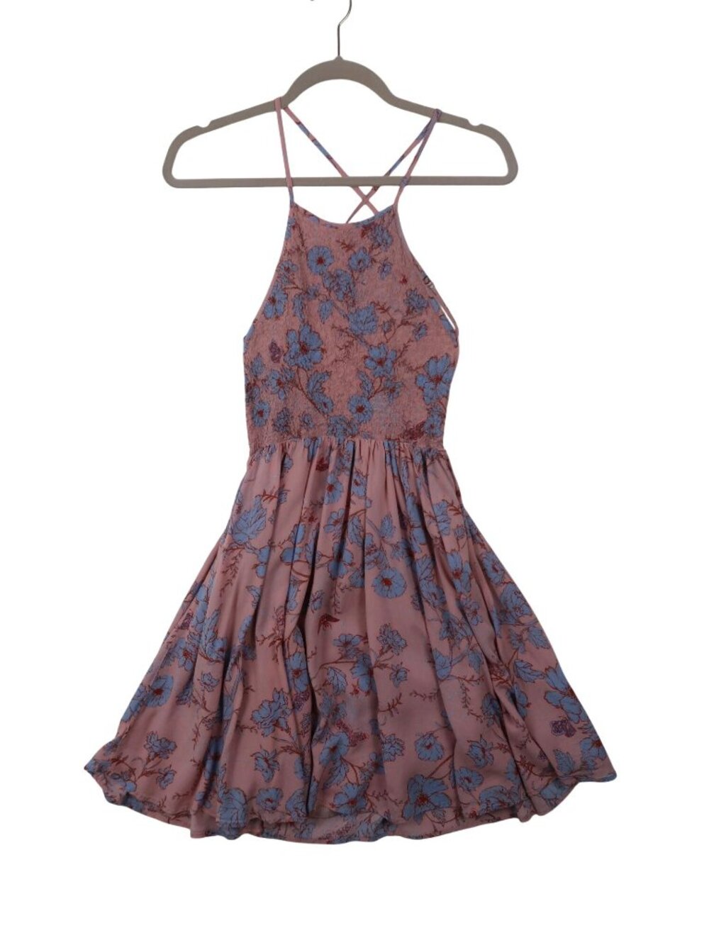Antropologie Kimchi Blue XS Pink & Blue Floral Halter Mini Dress Backless